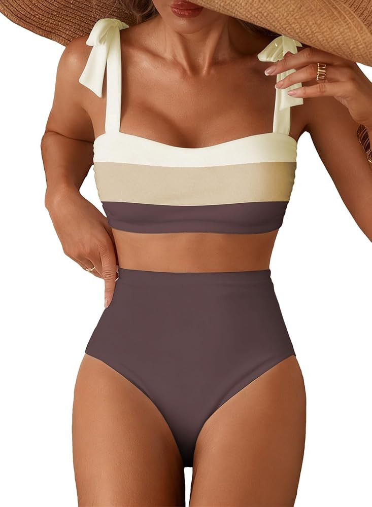Women's Tie Shoulder Bikini Sets 2 Piece Striped Swimsuits High Waisted Bathing Suits | Amazon (US)