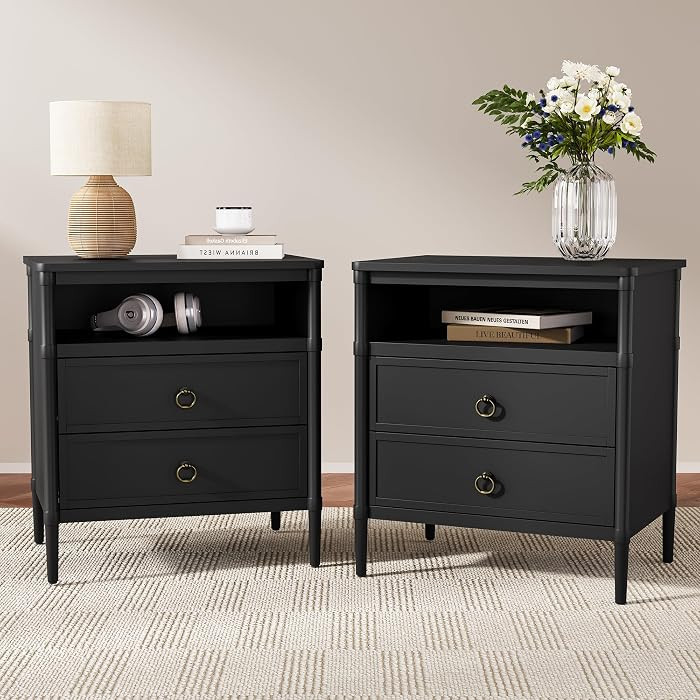 Nightstand Set of 2, Mid Century Modern Night Stand with Drawers and Open Shelf, Beside Table wit... | Amazon (US)