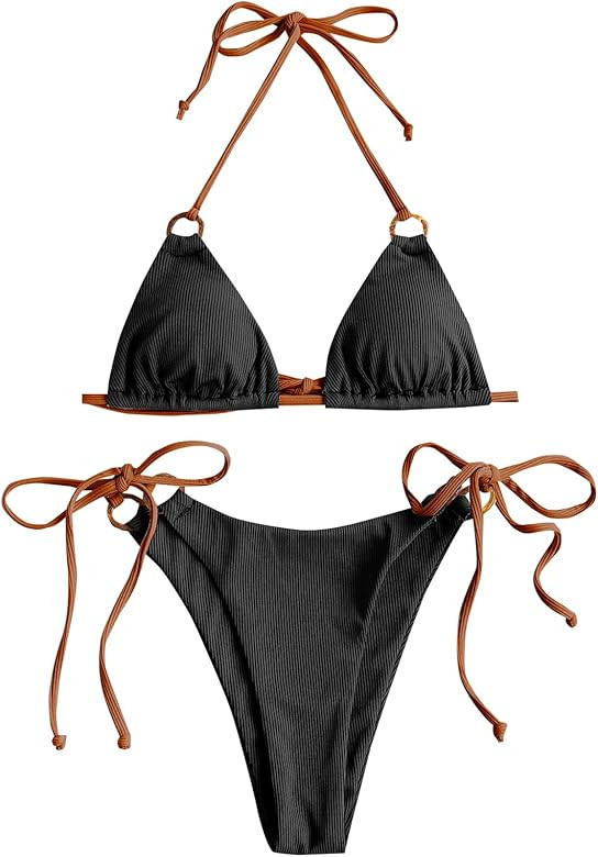 ZAFUL Women's Halter Triangle Bikini Ribbed String Smocked Swimwear Cheeky Thong Swimsuit High Cu... | Amazon (US)