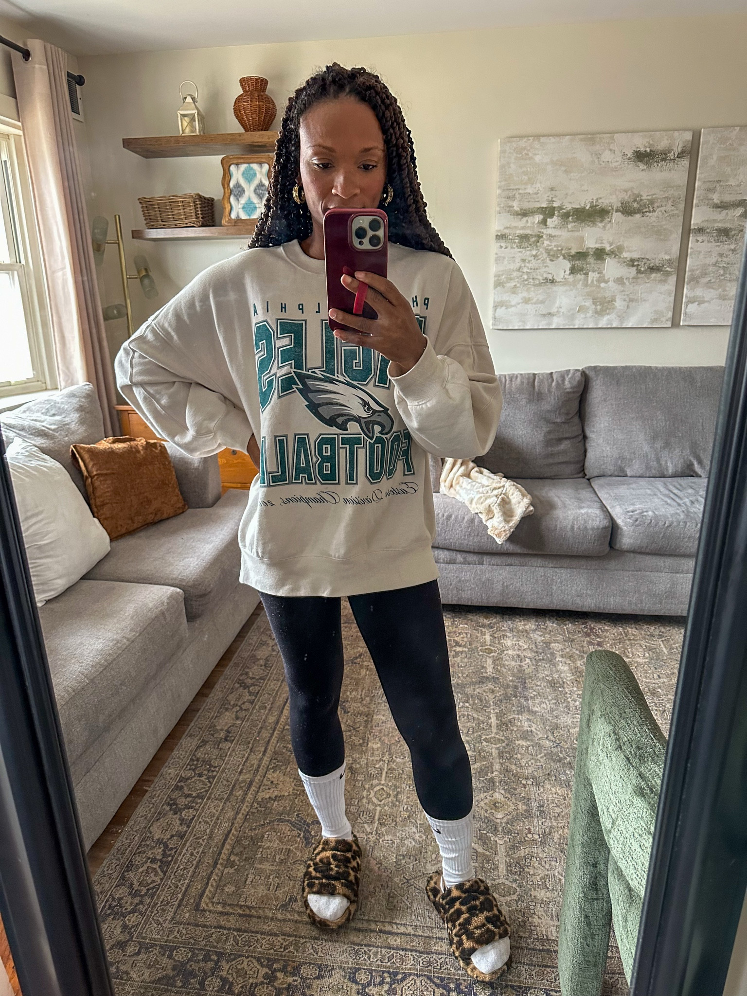 GO BIRDS!  Comfy work from home look.  Wearing faux fur lined leggings size S/M
Sweatshirt fits oversize I’m wearing a S