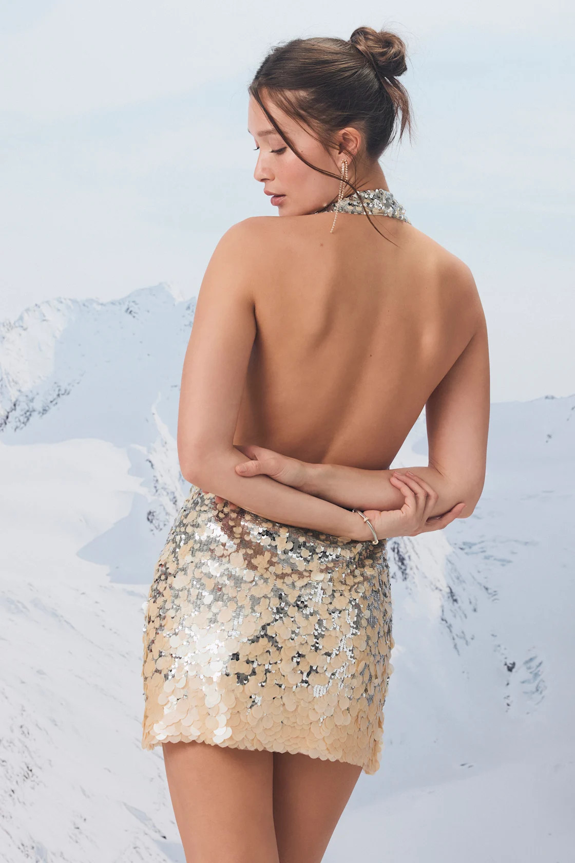 Rivera Silver and Beige Sequin Cowl Neck Mini Dress | Lulus