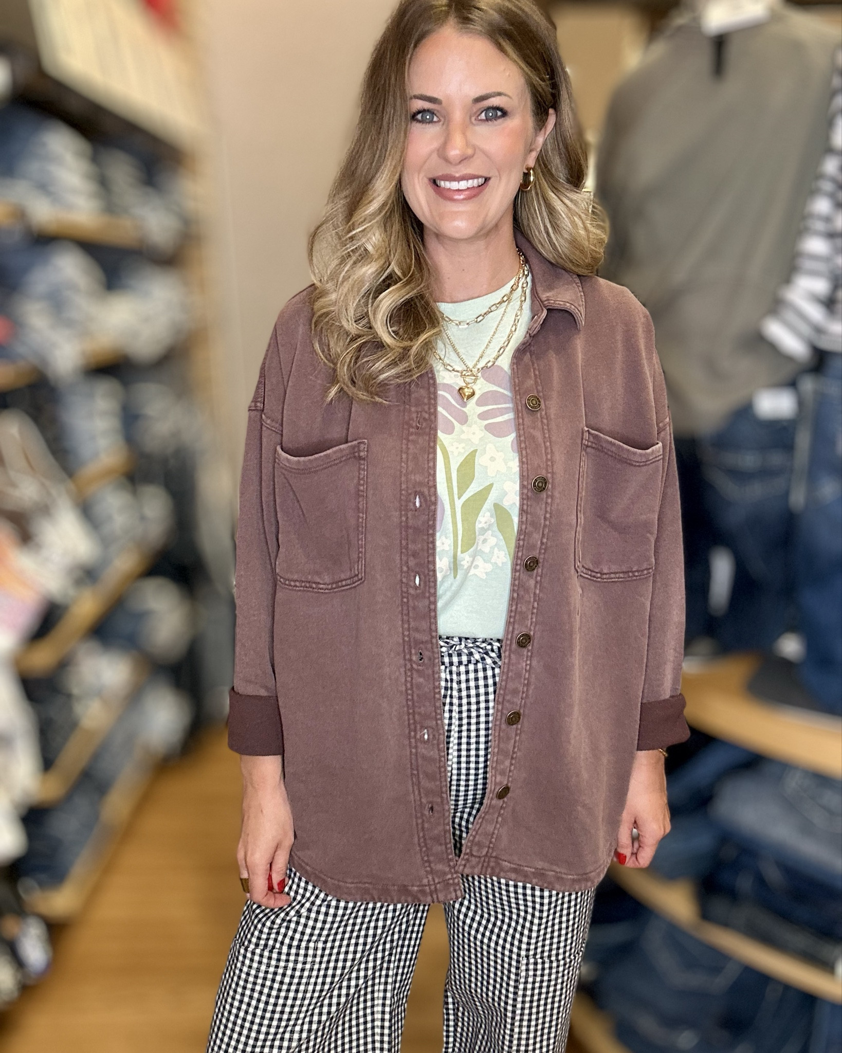 A teacher must-have outfit: comfy, gingham pants that go with literally anything. An adorable floral graphic tee that’s always appropriate. A cozy, versatile button-up jacket. Of course cute jewelry and most importantly, ‘all day wear’ shoes, the best Hey Dudes ever, to complete the look.

This is my favorite outfit from my ‘Teacher Collection’ launch with Buckle! Every teacher needs these pieces—they’re comfy, cute, and endlessly versatile for multiple outfit combos.

