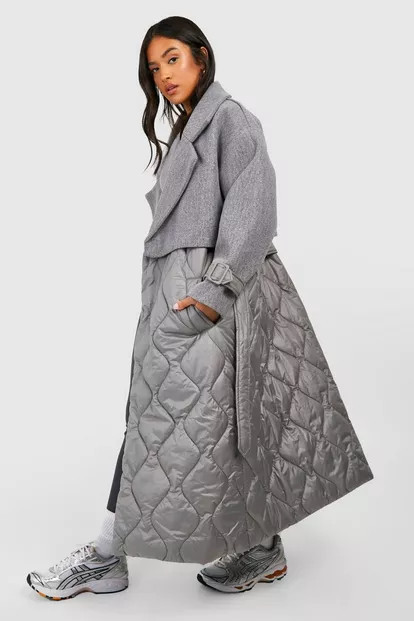 Petite Quilted Wool Look Padded Trench Coat | Boohoo.com (US & CA)