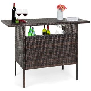 Outdoor Wicker Bar Counter Table w/ 2 Steel Shelves, 2 Rails | Best Choice Products 