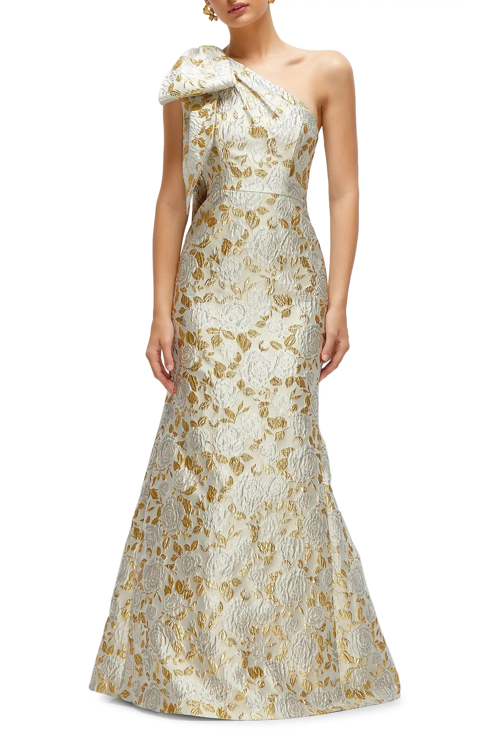 One-Shoulder Metallic Jacquard Trumpet Gown | Nordstrom