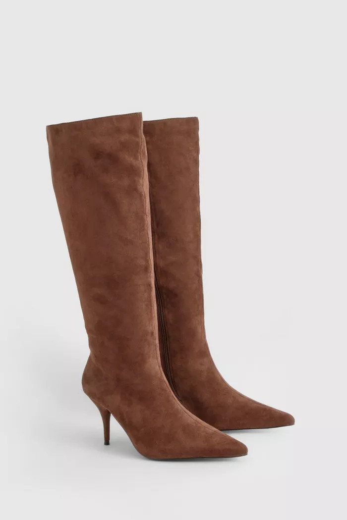 Low Heel Pointed Wide Shaft Faux Suede Boots | Boohoo.com (UK & IE)