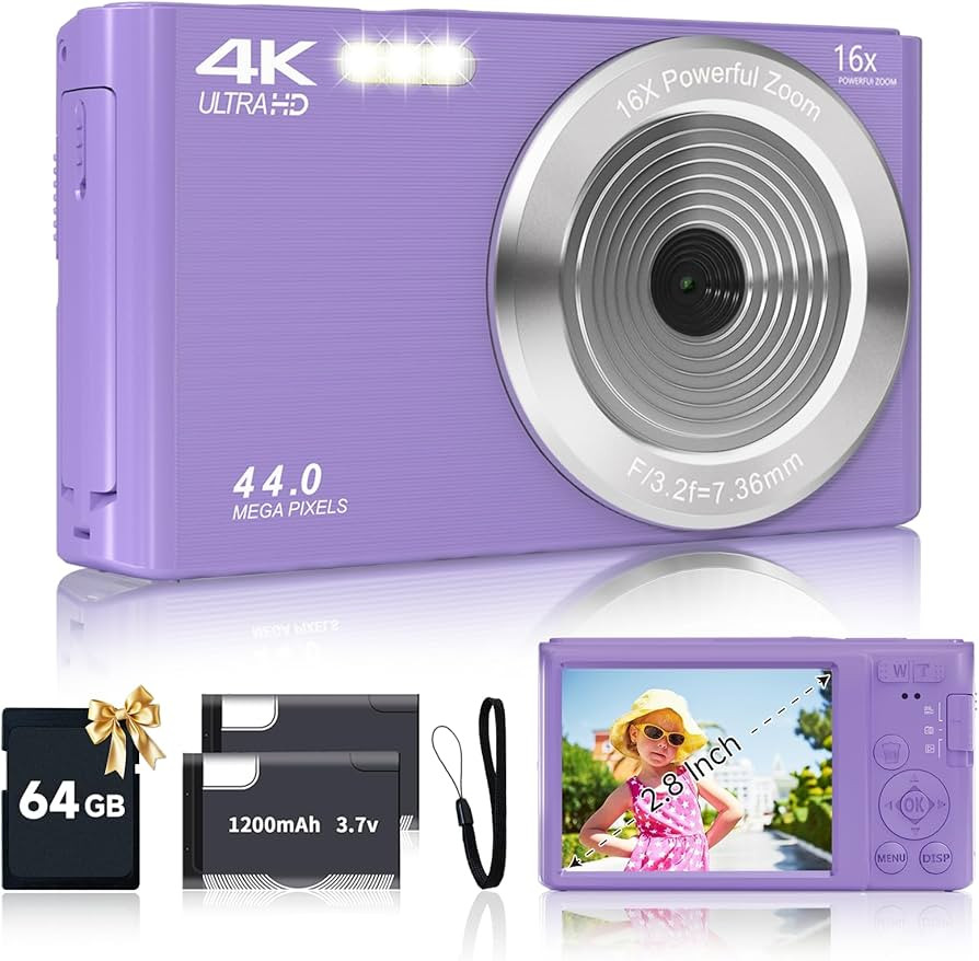Digital Camera for Teens, FHD 4K 44MP Digital Camera Purple with 64GB SD Card 16X Digital Zoom, C... | Amazon (US)