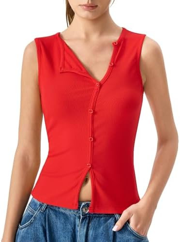 QINSEN Women's Sleeveless Ribbed Crewneck Tank Top Upper Button Fastening Shirts Going Out Tops | Amazon (US)