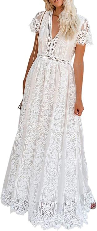Amazon.com: BLENCOT Womens Casual Floral Lace Deep V Neck Short Sleeve Long Evening Dress Wedding... | Amazon (US)