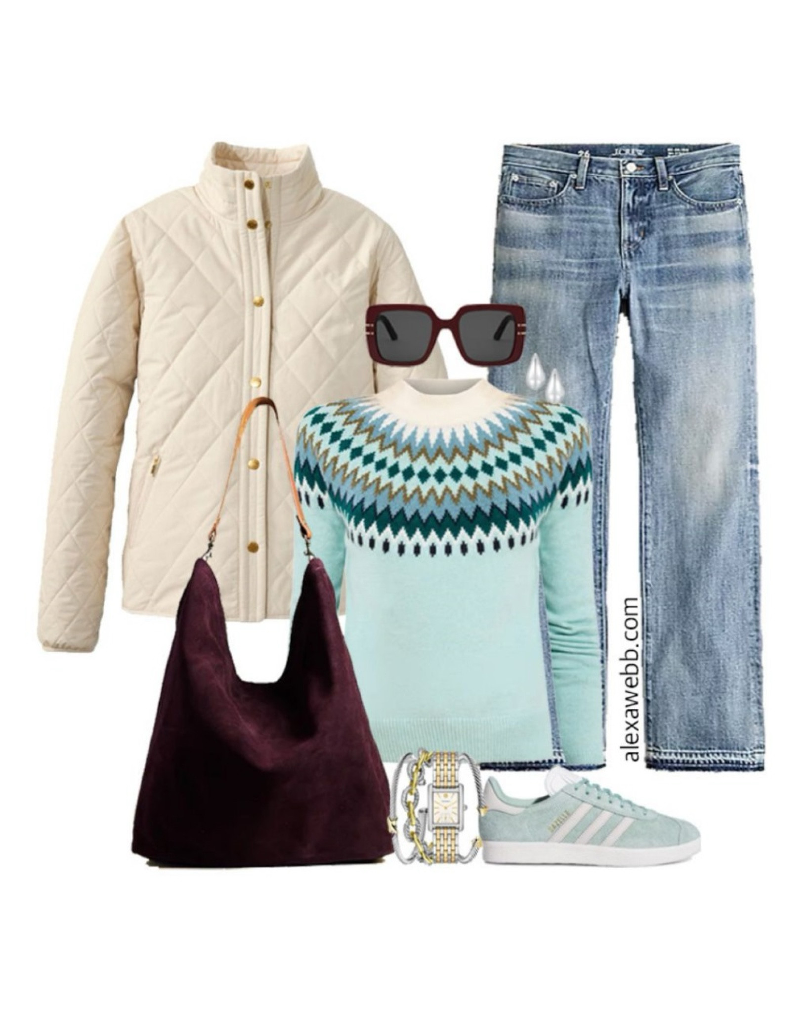Plus Size Teal Fair Isle Sweater Outfits - A plus size trendy and casual outfit for fall. A plus size Fair Isle sweater in an aqua and teal color is paired with straight leg jeans, an oxblood hobo bag, quilted jacket, and aqua adidas gazelle sneakers. So cute! Alexa Webb #plussize

#LTKSeasonal #LTKPlusSize #LTKStyleTip