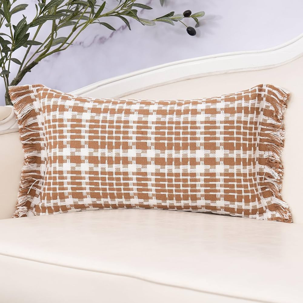 Yangest Brown Plaid Farmhouse Lumbar Throw Pillow Cover Fringe Cushion Case Neutral Oblong Pillow... | Amazon (US)