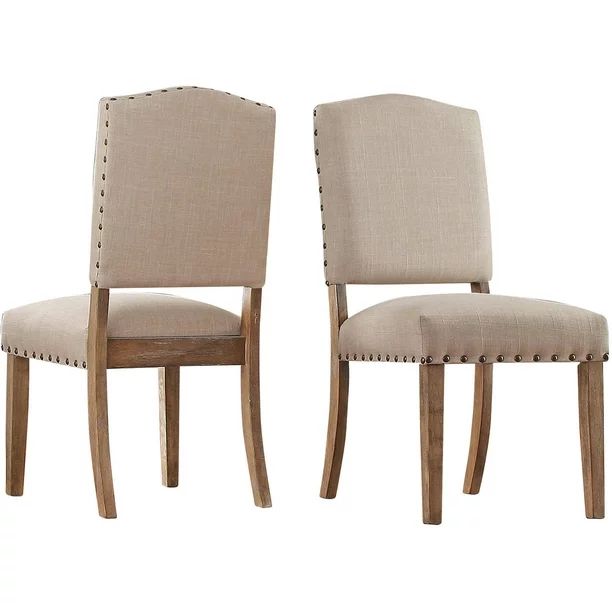 Weston Home Nailhead Upholstered and Wood Dining Chair, Set of 2, Beige Linen - Walmart.com | Walmart (US)