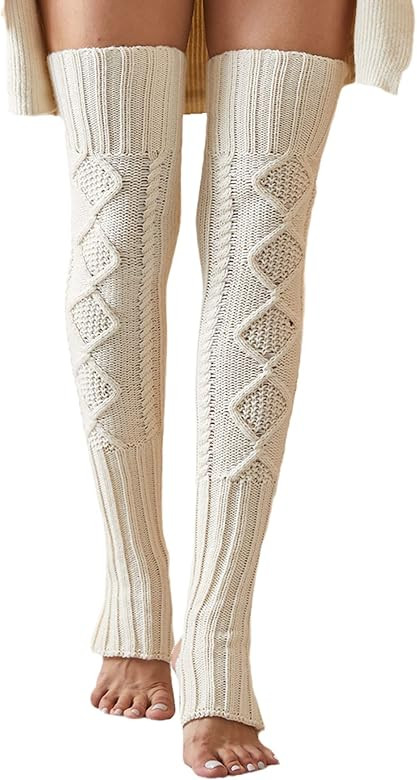 Women's Extra Long Stirrup Leg Warmers Winter Knitted Over Knee Thigh High Footless Socks | Amazon (US)