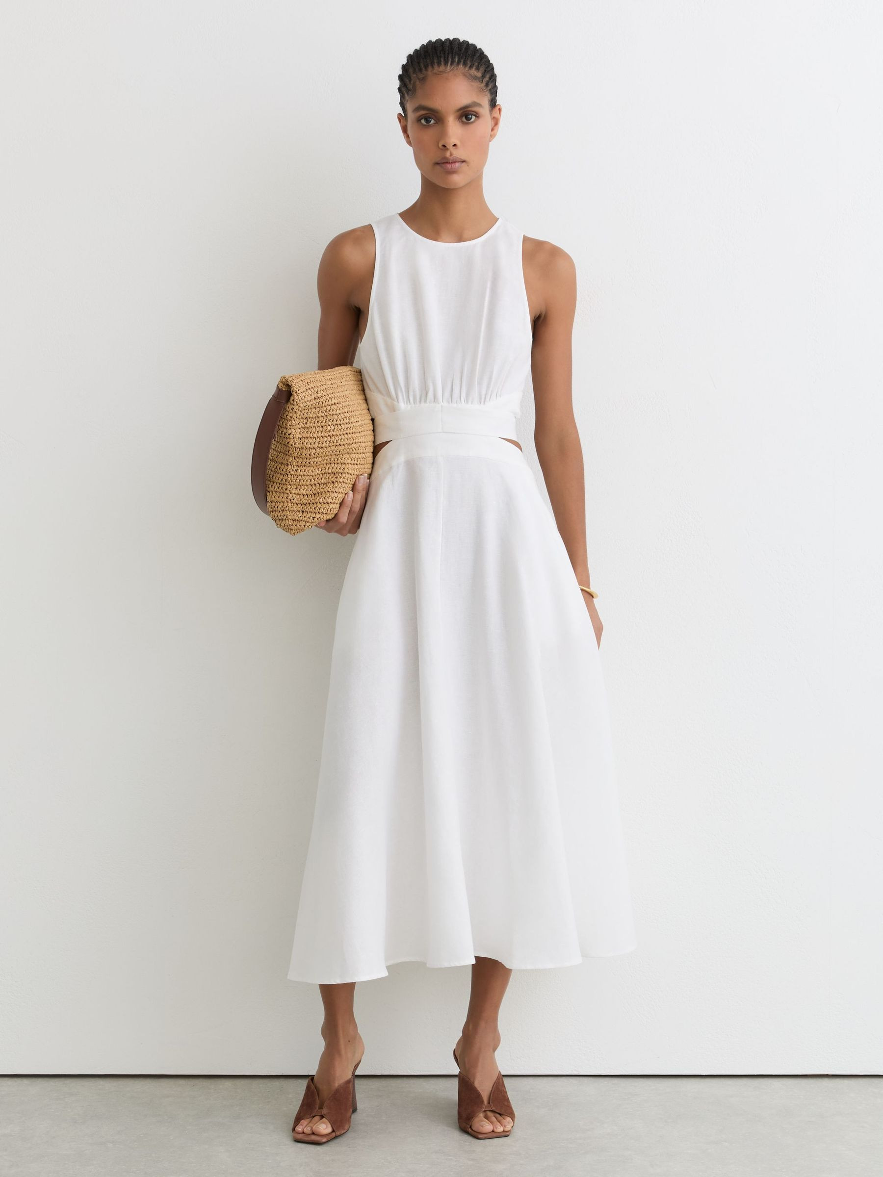 Linen-Cotton Cut-Out Midi Dress in Ivory | Reiss US