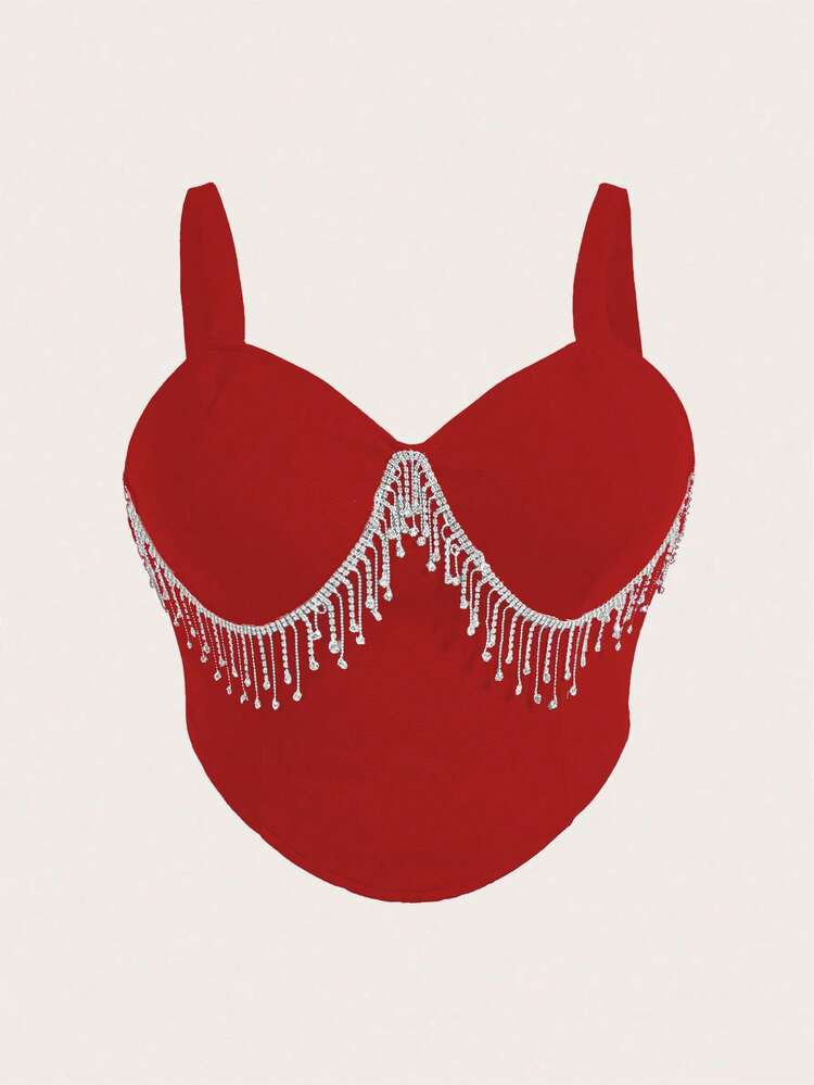 SHEIN BAE mais Top cami strass acabamento de franja | SHEIN