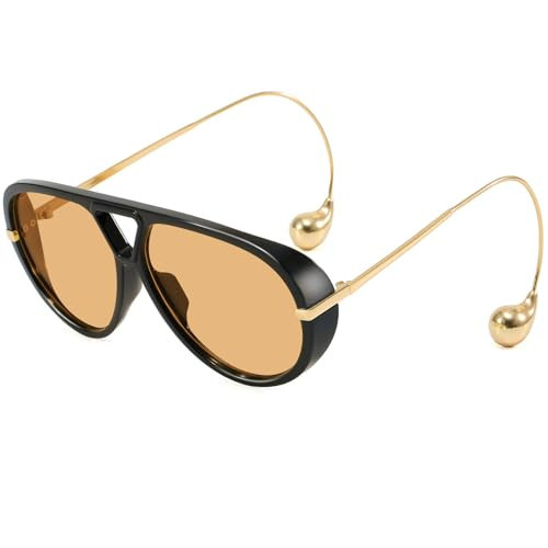 Breaksun Women's Oversized Aviator Sunglasses Retro Trendy Shield Sun Glasses Big Orange lens Vintage Shades (Black/Light Brown) | Amazon (US)