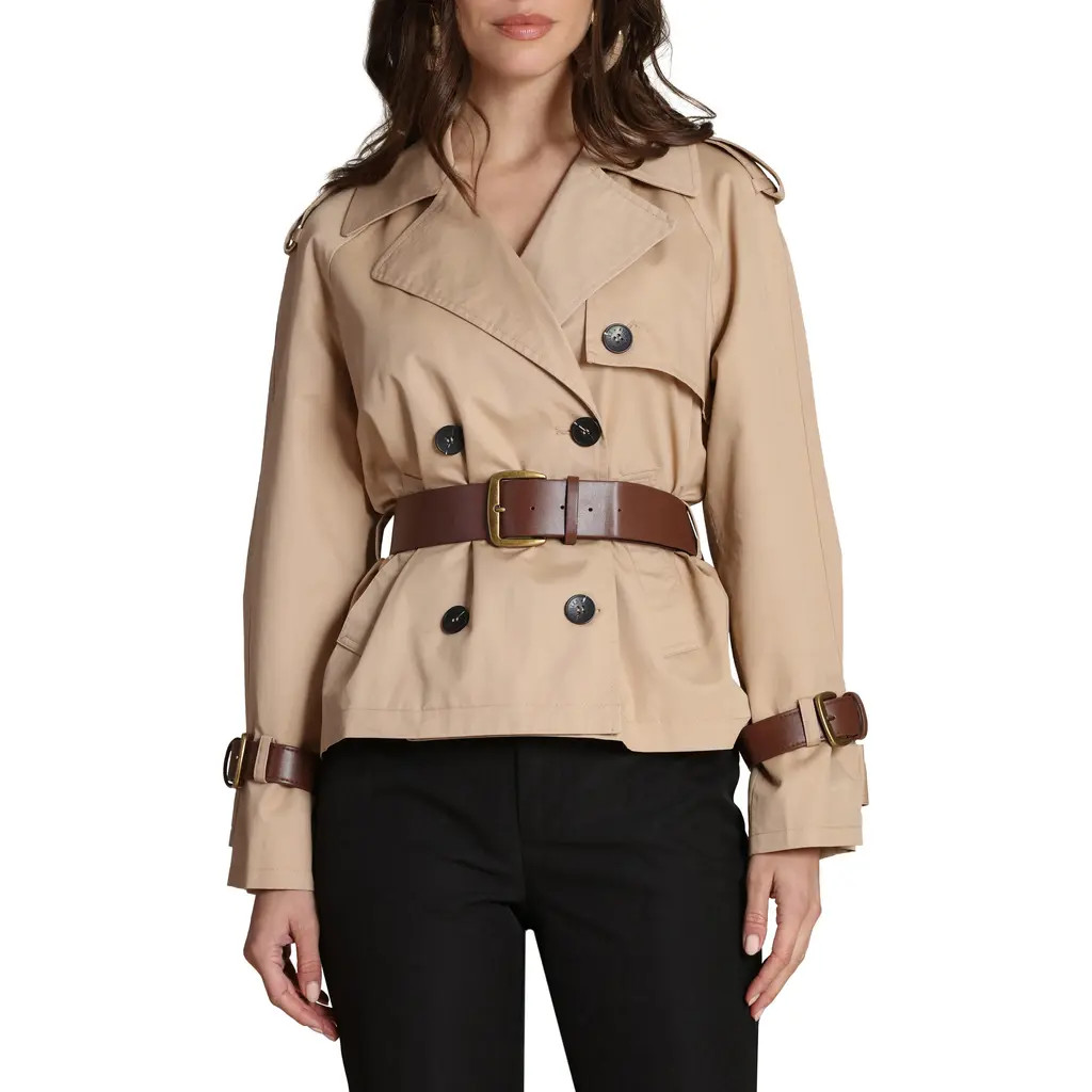 Avec Les Filles Short Trench Jacket with Faux Leather Belt in Camel at Nordstrom, Size Small | Nordstrom