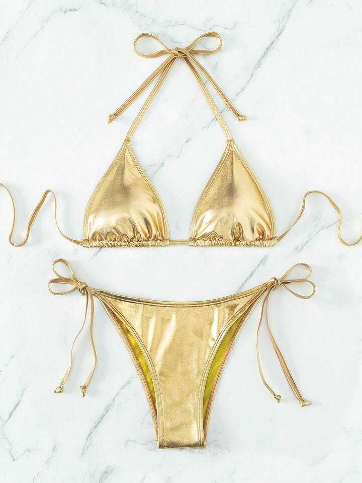SHEIN Swim Chicsea Bikini métallique ras-du-cou triangulaire à nœud | SHEIN