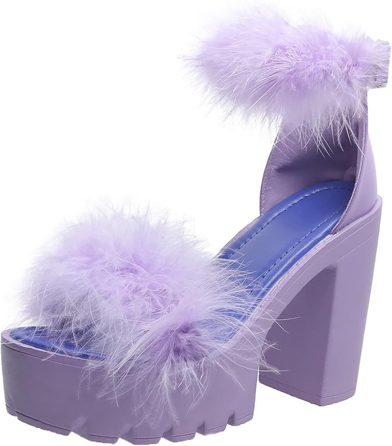 YSMIIH Women's Faux Fur Chunky Heel Sandals Platform Open Toe Fuzzy Ankle Strap Sexy Colorful Wed... | Amazon (US)