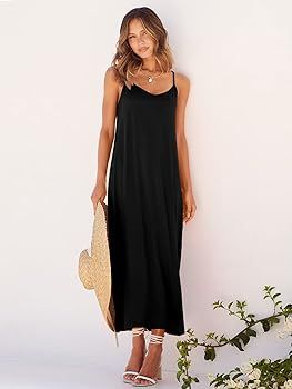 ANRABESS Women's Summer Spaghetti Strap V Neck Casual Loose Backless Slit Maxi Beach Sun Dress | Amazon (US)