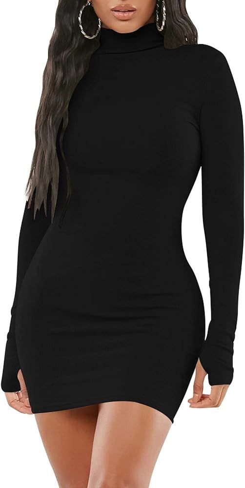 Mizoci Women's Sexy Bodycon Mini Club Dresses Basic Long Sleeve Turtleneck Dress | Amazon (US)