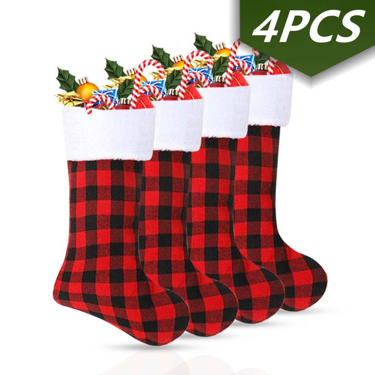Christmas Stockings Red Black Buffalo Plaid Fireplace Hanging Stockings for Family Christmas Deco... | Walmart (US)