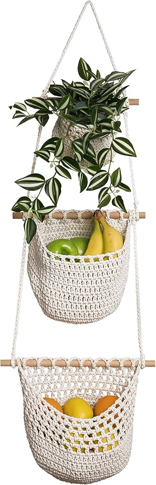 MY BOHO BABE Hanging Fruit Basket, 3 Tier Wall Decorative Storage Basket for Bathroom, Kitchen, N... | Amazon (US)