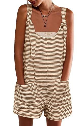 Yousify Womens Summer Casual Sleeveless Romper Loose Striped Tied Shorts Overalls Jumpsuit with P... | Amazon (US)