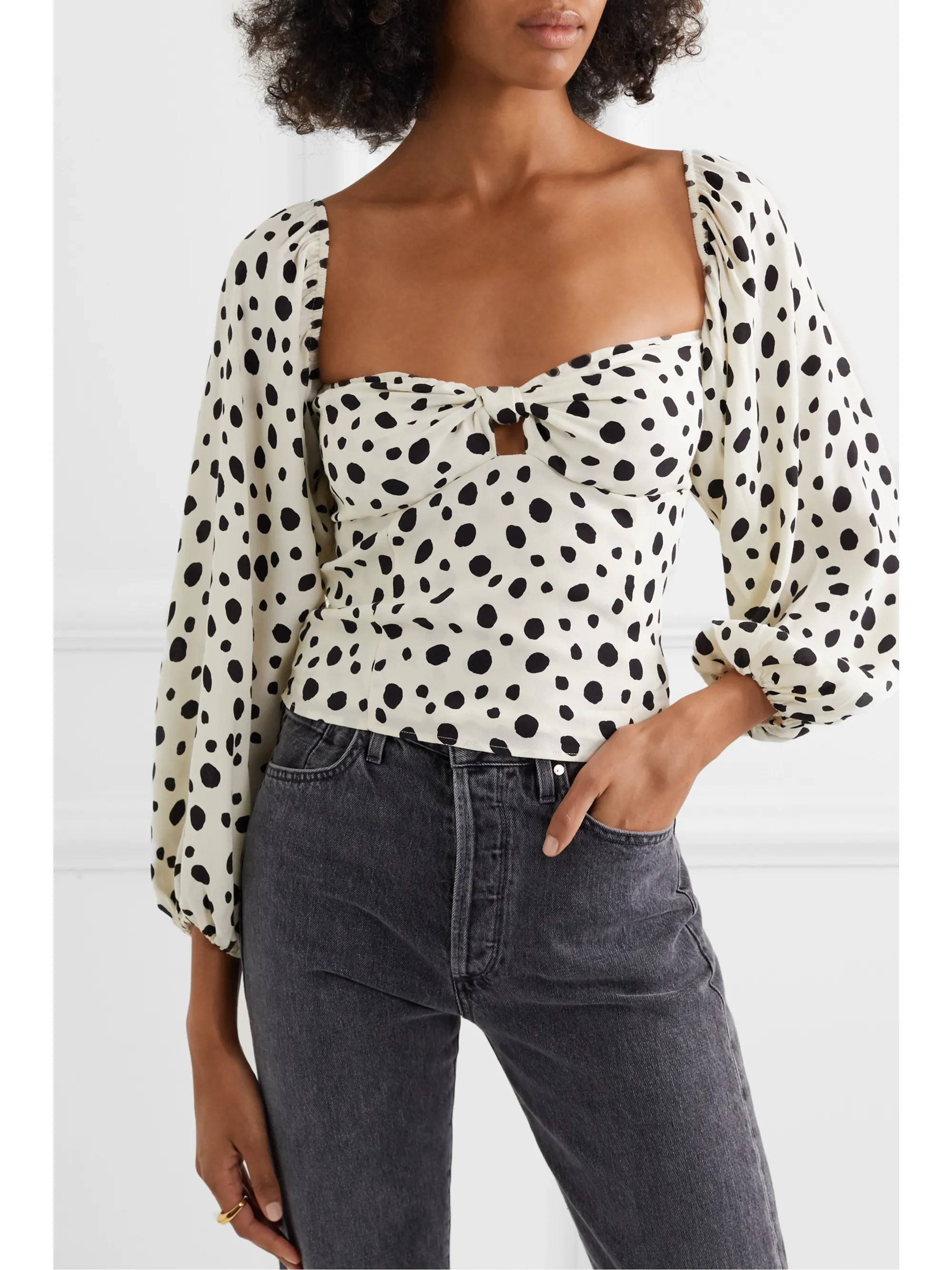 Simi off-the-shoulder shirred polka-dot crepe de chine blouse | NET-A-PORTER (US)
