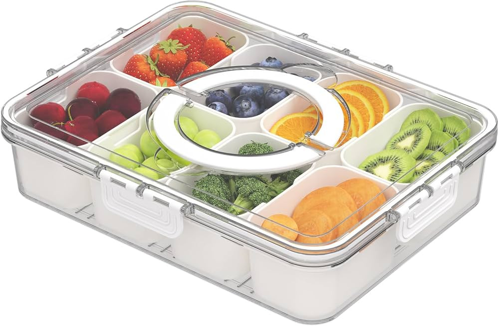 Snackle Box Container - Divided Serving Tray with Lid and Handle - Veggie Fruit Snack Tray - Snac... | Amazon (US)