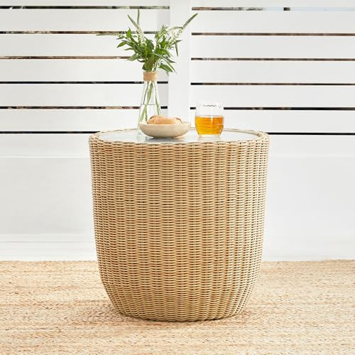 CHITA Outdoor Wicker Side Table with Adjustable Foot Leveler, 20 Inch Patio Rattan End Table with Cement Panel Top(Light Brown) | Amazon (US)