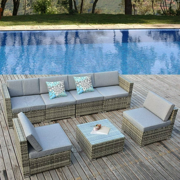 7 Piece Outdoor Patio Sofa Rattan Wicker Chair Sectional Furniture Set W/ Coffee Table &Cushion f... | Walmart (US)