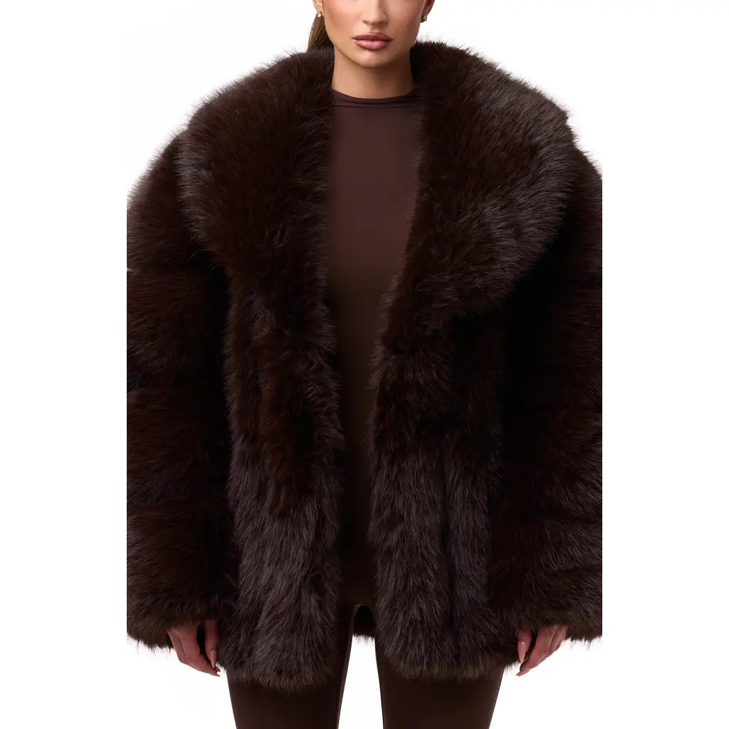 Naked Wardrobe Shawl Lapel Faux Fur Coat in Dark Chocolate at Nordstrom, Size X-Small | Nordstrom