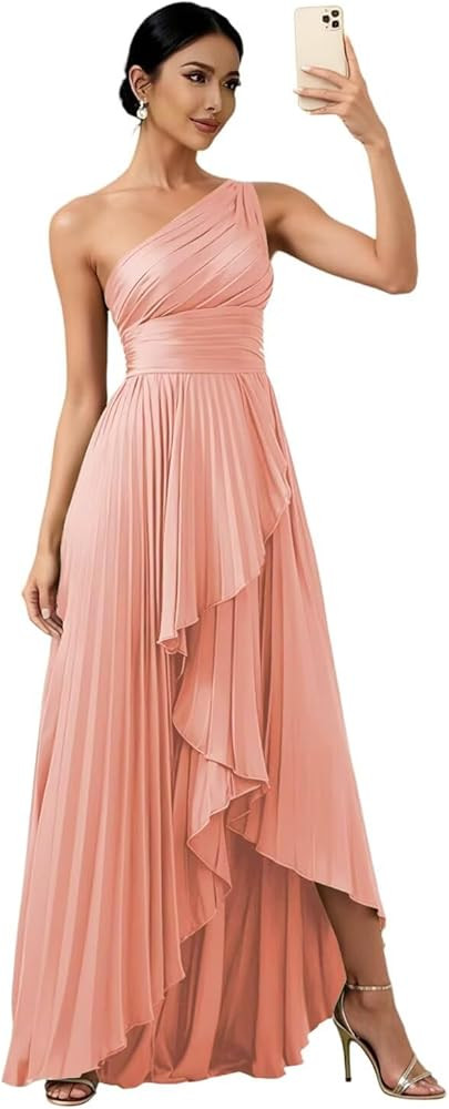 Women's One Shoulder Bridesmaid Dresses with Slit for Wedding High Low Long Satin Pleated Formal ... | Amazon (US)