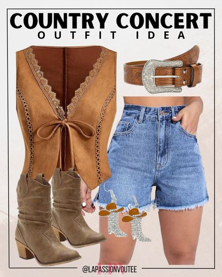 Get ready to rock the country concert in denim shorts, a cowgirl sleeveless jacket, and matching boots. Accessorize with statement earrings and a classic cowgirl belt for the perfect blend of rugged and chic. 

#LTKSeasonal #LTKFindsUnder100 #LTKFestival