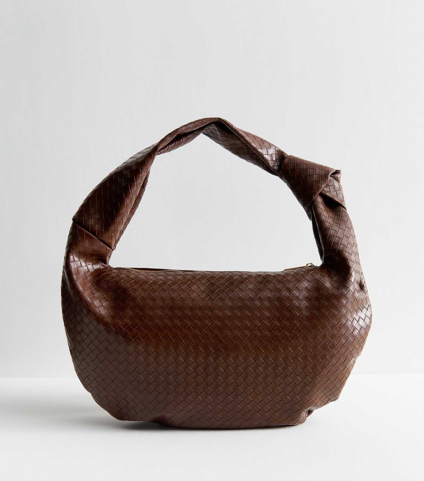 Dark Brown Faux Leather Woven Look Knotted Shoulder Bag | New Look | New Look (UK)