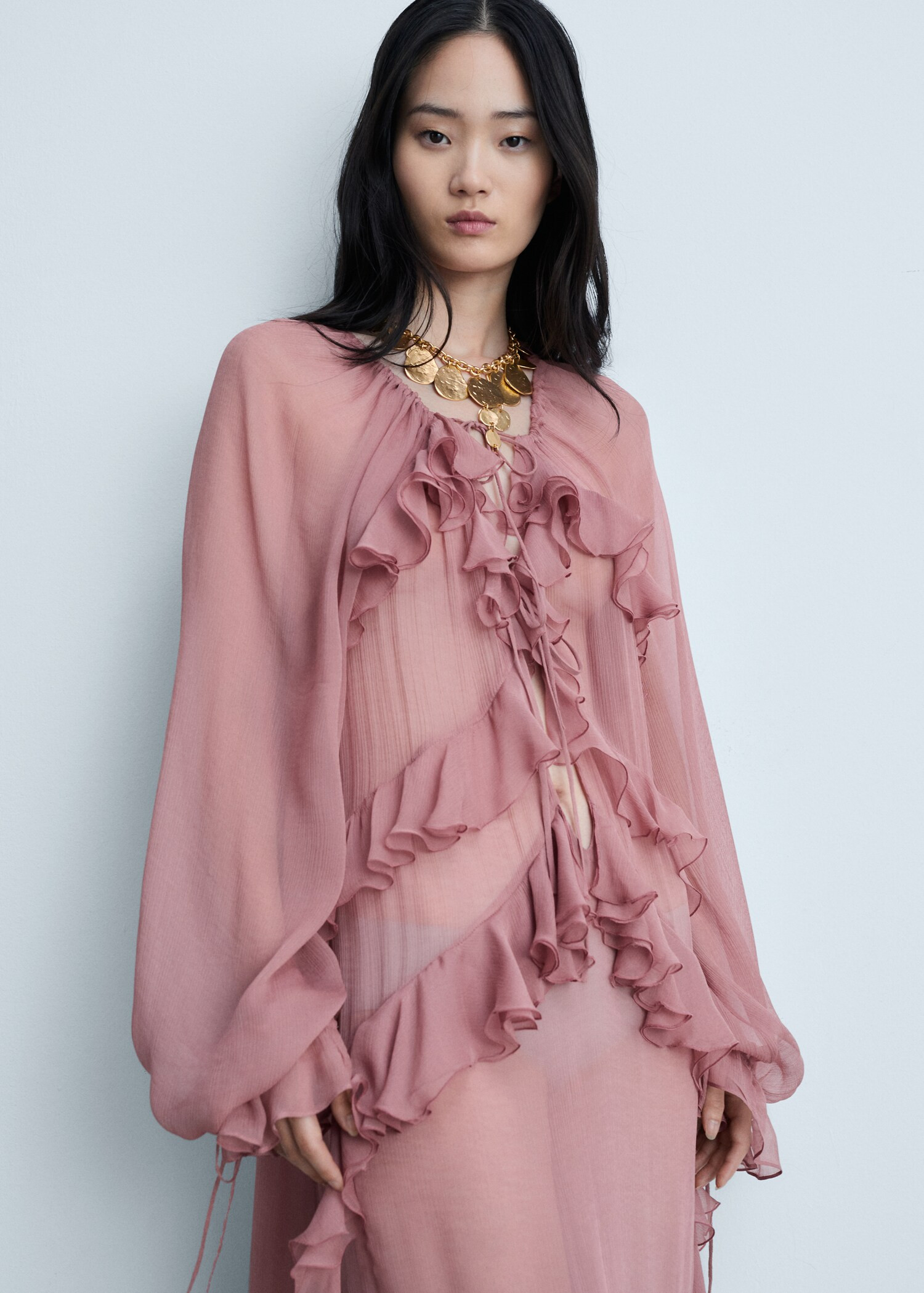 Semitransparent chiffon dress with ruffles - Woman | MANGO United Kingdom | MANGO (UK)