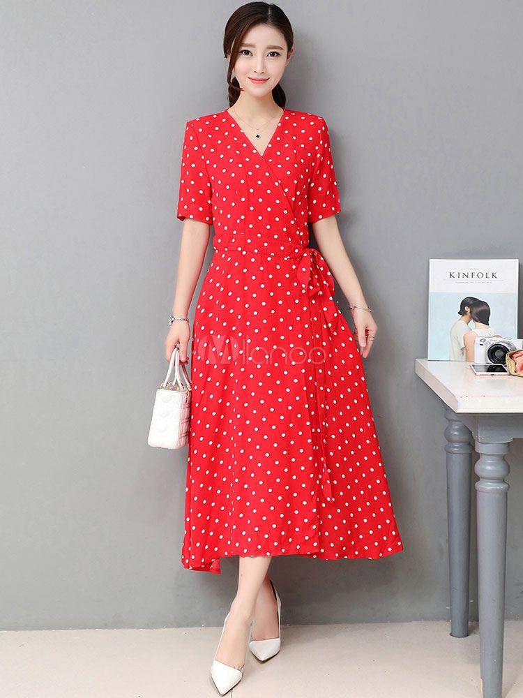Red Long Dress Printed V Neck Short Sleeve Women's Polka Dot Wrap Dress | Milanoo