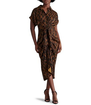 Tori Satin Leopard Print Point Collar Short Kimono Cuff Sleeve Ruched Front Asymmetrical Hem Midi... | Dillard's