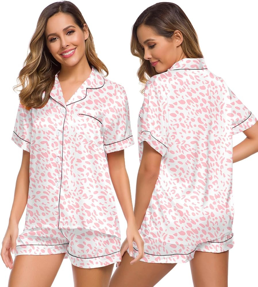 SWOMOG Womens Silk Satin Pajamas Set Short Sleeve Sleepwear Button Down Top and Shorts Loungewear... | Amazon (US)
