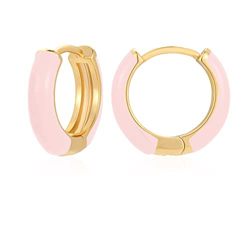 Lourny Small Hoop Earrings for Women, 18K Gold Plated Hypoallergenic Cute Enamel Huggie Earring Gifts for Women (Light Pink) | Amazon (US)