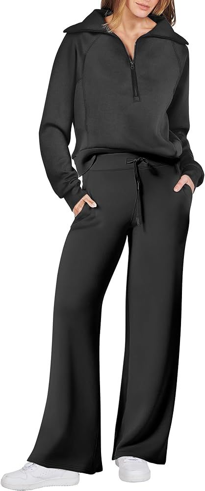 ANRABESS Women 2 Piece Outfits Sweatsuit Set 2023 Fall Oversized Half Zip Sweatshirt Wide Leg Sweatp | Amazon (US)