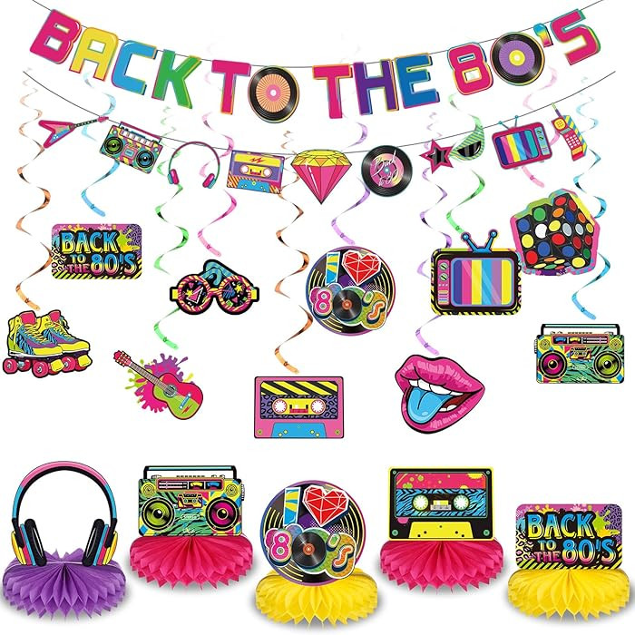 Blosssound 27 Pcs 80s 90s Party Decorations 1980s 1990s Hip Hop Banner Hanging Swirls Ceiling Hon... | Amazon (US)