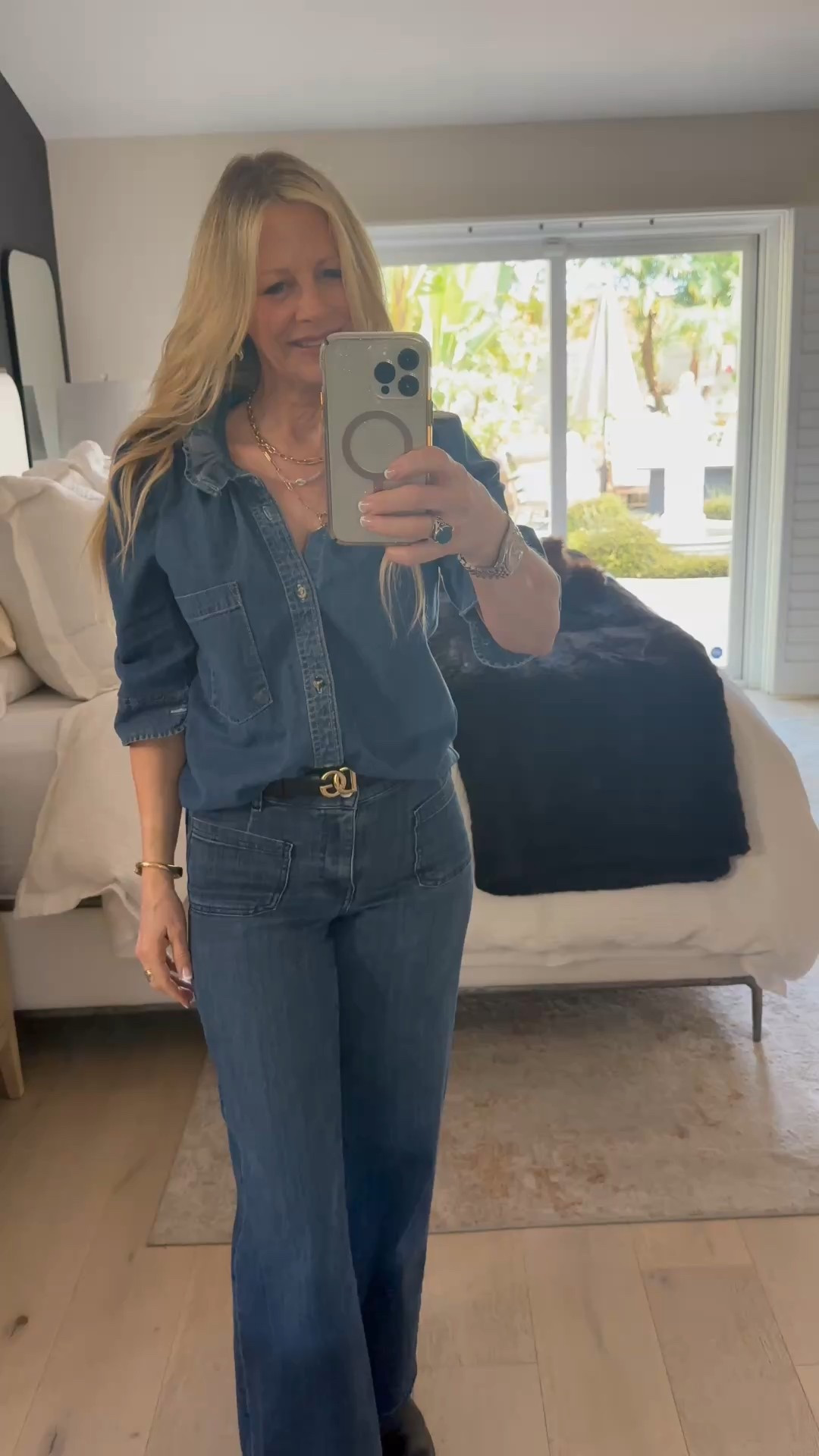 OOTD - Another denim on denim fashionable look. KMJ top is not linkable. (Shop KMJ.com). Wearing annXS. Styled with Frame wide leg jeans in 26  

Red Carpet of Alice, LTK over 50, 

#LTKWorkwear #LTKStyleTip #LTKWatchNow