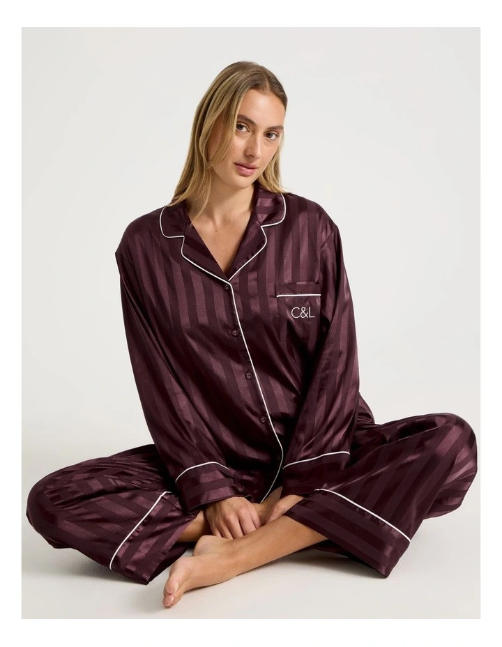 Chloe & LolaLuxe Satin Jacquard Stripe Long Sleeve Long PJ Set in Burnt Fig Jacquard | Myer