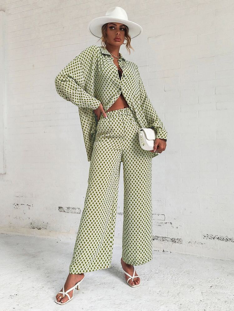 Argyle Print Drop Shoulder Blouse & Wide Leg Pants | SHEIN