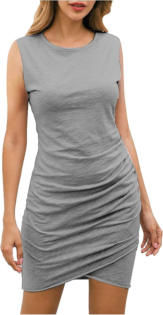 Fall Formal Dresses Shirt Ruched Sleeveless Stretchy Crewneck Short Dress Casual T Women's Mini W... | Amazon (US)