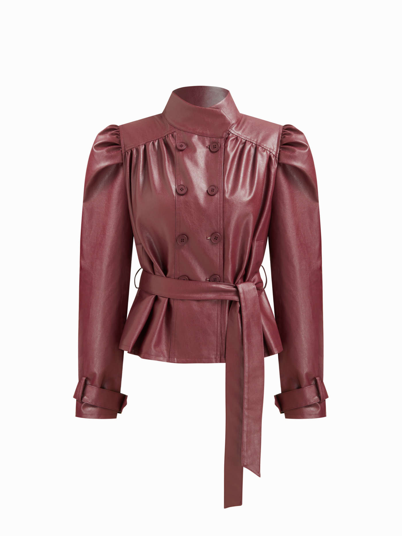 Faux Leather Faux Leather Funnel Neck Long Sleeve Double Breasted Shacket With Belt For Daily Cas... | Cider