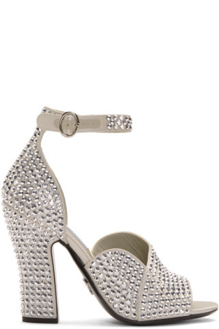Prada - Silver Crystal Embellished Strappy Heeled Sandals | SSENSE