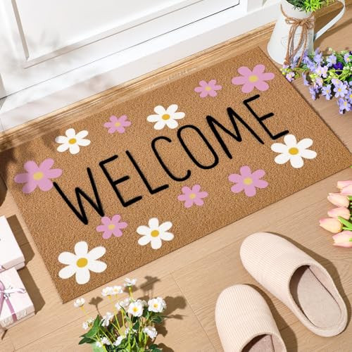 Duraaamo Spring Flower Coir Doormat Outdoor Daisy Welcome Mat Outdoor Non Slip Spring Door Mat for Entrance Home Front Porch Door 16 x 28 Inches Housewarming Gift Indoor Decor | Amazon (US)